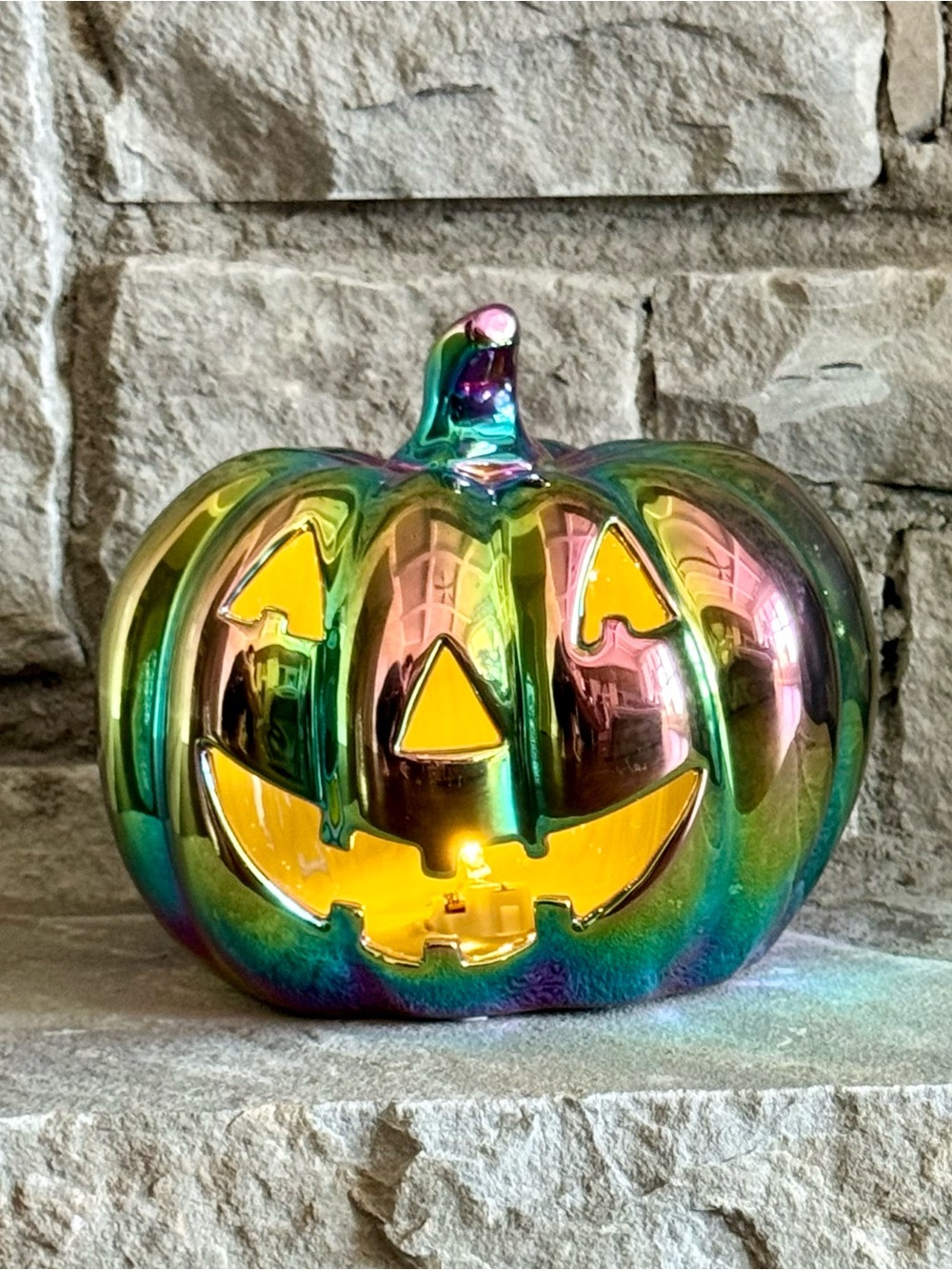 New Halloween Jack-o'-Lantern Light Up Iridescent Ceramic Pumpkin Decor - 7” - Picture 6 of 8